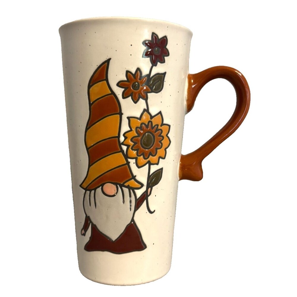 Heartland Hive Ceramic Stoneware Tall Mug Etched Fall/Autumn Flower Gnome Heavy